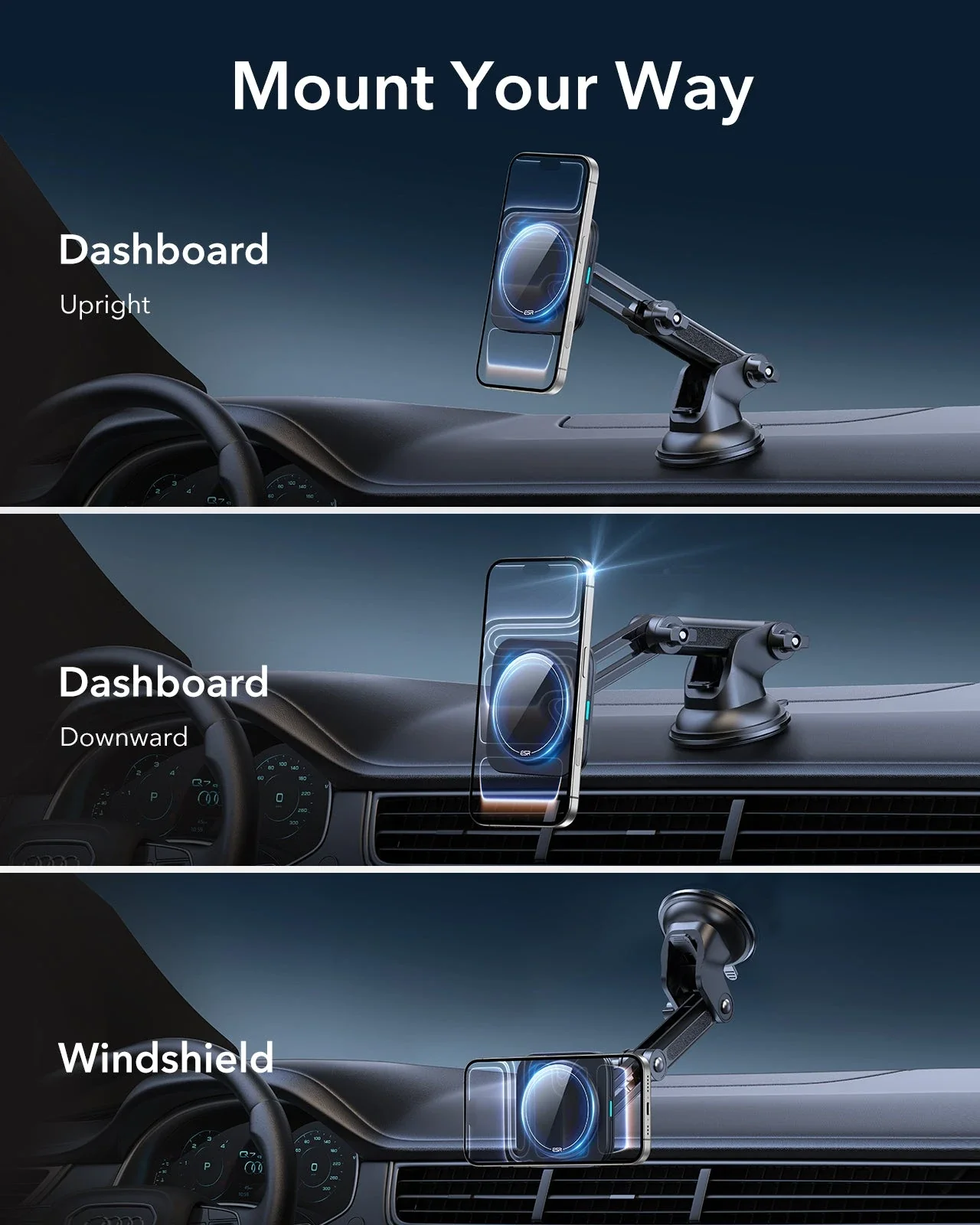 15W Dashboard Wireless Car Charger (HaloLock) - Black - Image 3