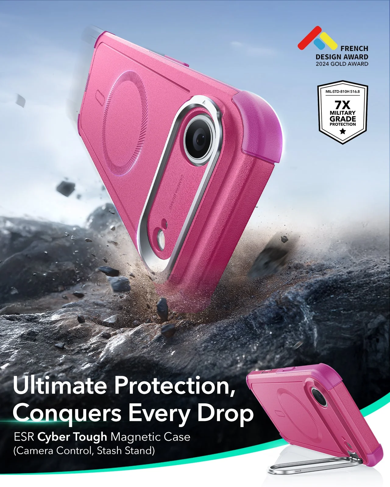 iPhone Air Cyber Tough Magnetic Case (Camera Control, Stash Stand) - Rosy Pink - Image 2